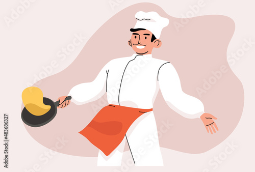 Chef cooking pancakes. Male character in traditional white uniform holding a frying pan. Cute hand drawn vector colorful funny cartoon style illustration. 