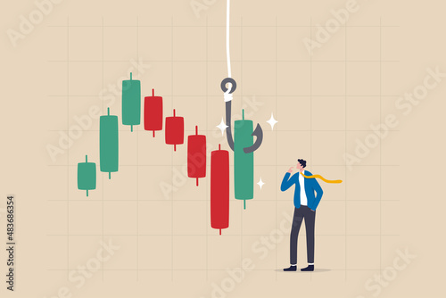 Candlestick signal to buy or sell in crypto trading or stock market, analyze data, chart and graph to make profit concept, businessman trader thinking while analyze green graph with fishing bait.