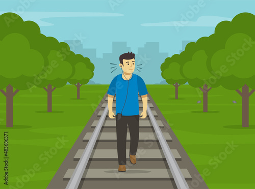 Young male character listening to loud music and walking on railway tracks during day time. Railroad safety rules and tips. Do not walk on train tracks. Flat vector illustration template.