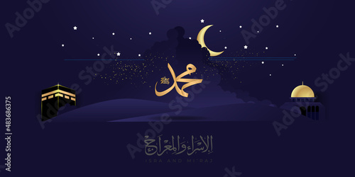 	
Isra and mi'raj arabic calligraphy - mean; two parts of Prophet Muhammad's Night Journey, can use for, landing page, template, ui, web, mobile app, poster, banner, flyer, background