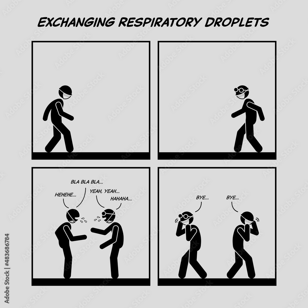 Funny comic strip. Exchanging respiratory droplets. People walking