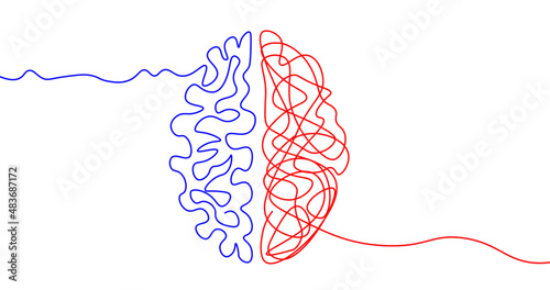 Human Brain with two opposite parts. One Line Organized part VS Disorder Chaos Line. Creativity and Thinking, metaphor and  psychology Concept  photo