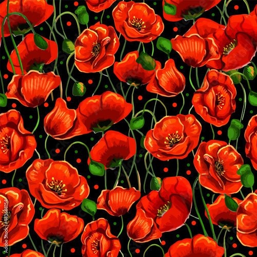 red poppy flowers beautiful bright seamless pattern. vector repeating texture  endless background