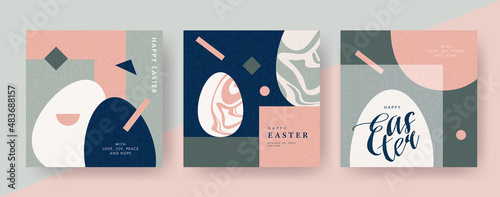 Happy Easter set of cards, posters or covers in modern art style with geometric shapes and eggs. Trendy minimalistic elegant templates for advertising, branding, congratulations or invitations