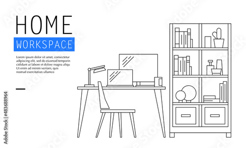 Vector illustration of home workspace in outlined style. Suitable for design element of work from home and comfortable interior work desk setup.  photo