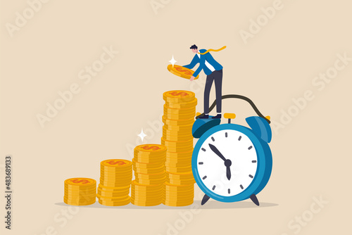 Long term investing or savings for retirement fund, compound interest or investment growth, tax time reminder concept, businessman on alarm clock put more dollar coin money to increase his savings. photo