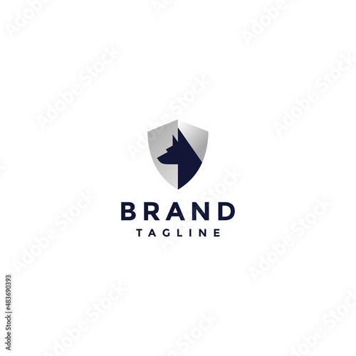 Shield Security Logo Design with Dog Silhouette Motif. Strong and bold logo design on shield icon with shepherd dog motif inside.