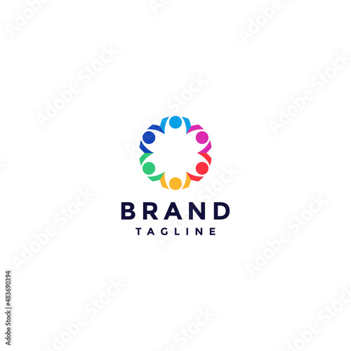Unity difference simple logo design. Six colorful human icons together support each other.