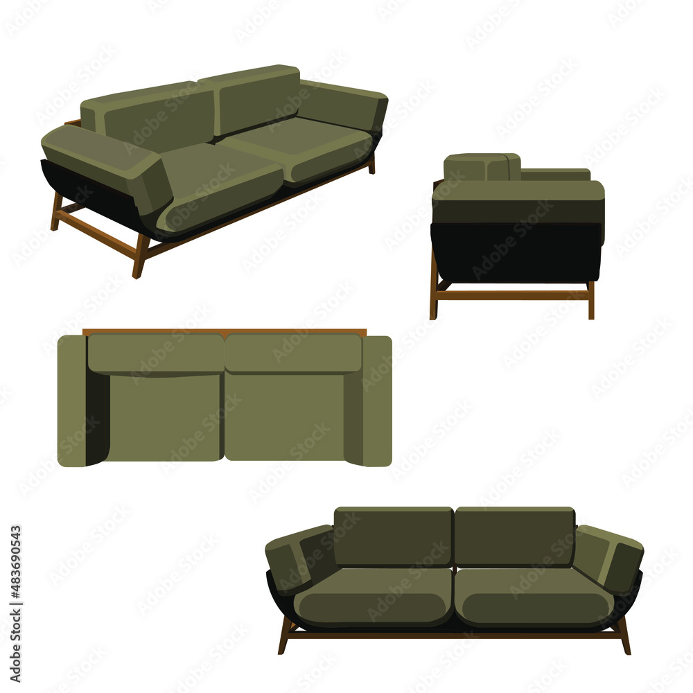 Vector graphic tracing of brown Sofa with isometric, front, side and ...