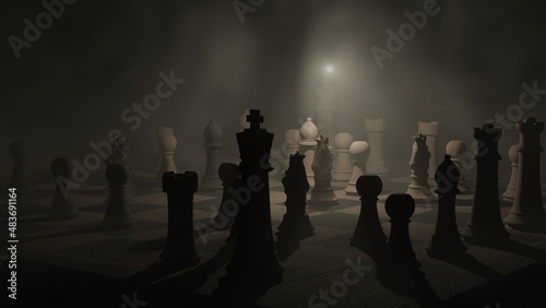 3D rendering of chess pieces with fog
