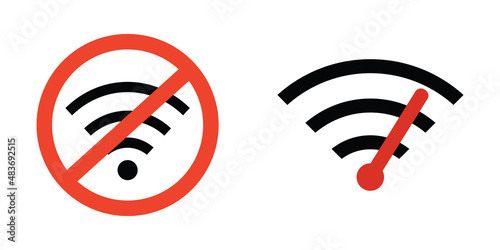 Two wifi symbols. Fast internet connection, public network. Place without wi-fi. Simple signs or wi-fi icons. Wireless internet access. High quality signal.