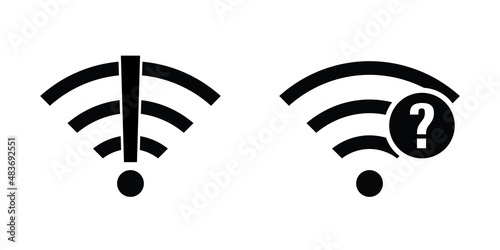 Two wifi symbols with exclamation mark and question mark. No internet connection, problem with network. Monochromatic simple signs. Black wi-fi icons. No internet access. Bad wifi signal.