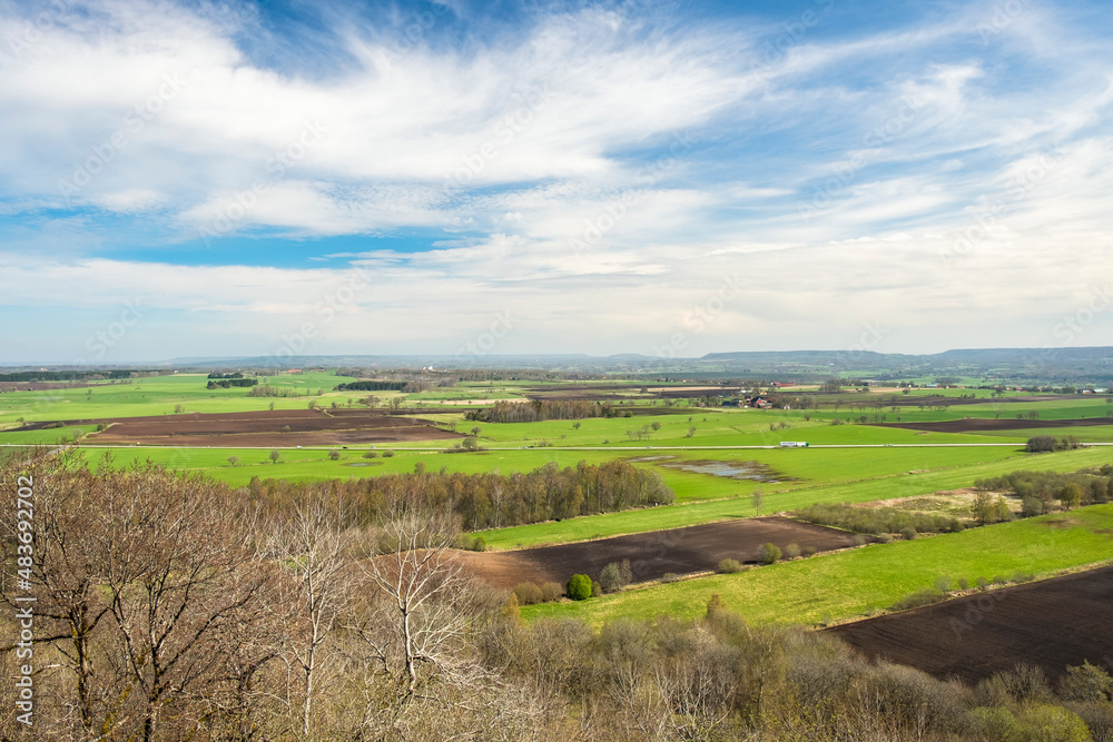 Beautiful aerial view of a rural landscape with fields at spring