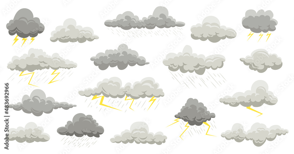 Rain clouds. summer and autumn rain with thunder cloud elements. Vector flat rainstorm and lightning set - obrazy, fototapety, plakaty 
