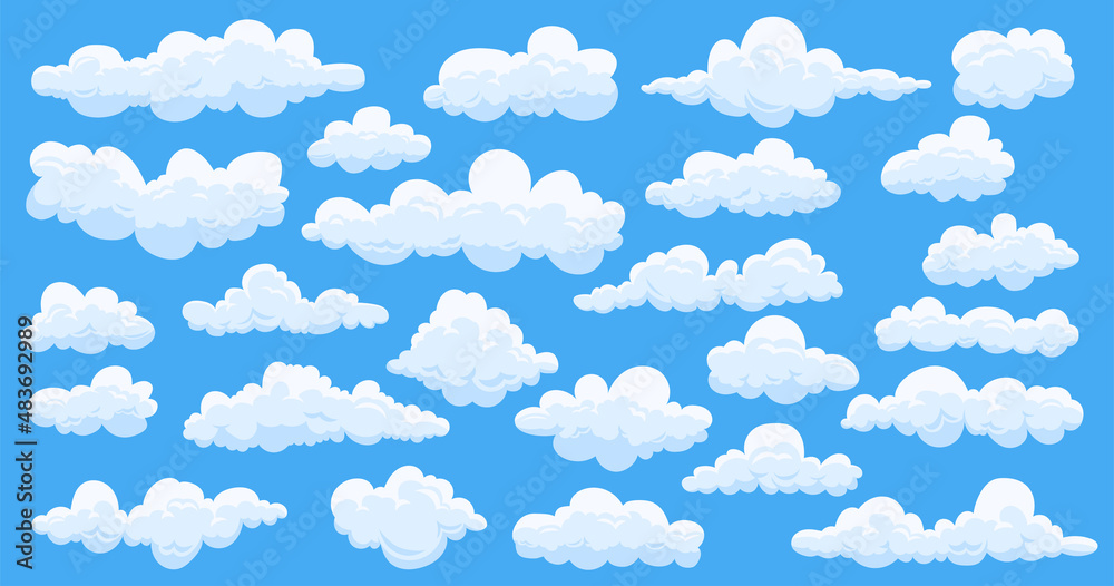 Fluffy clouds. Cartoon summer clouds cute game elements, comic white atmosphere clouds. Vector set