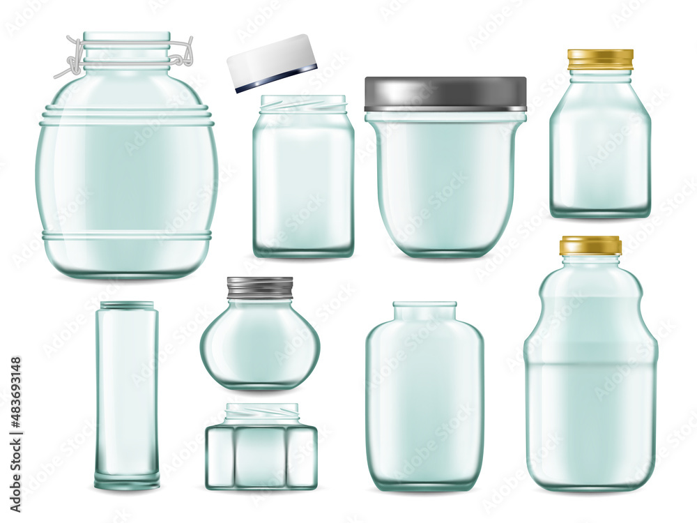 Realistic jars. Transparent empty glass containers for food preserves and drinks. Vector isolated set Realistic jars. Transparent empty glass containers for food preserves and drinks. Vector isolated set