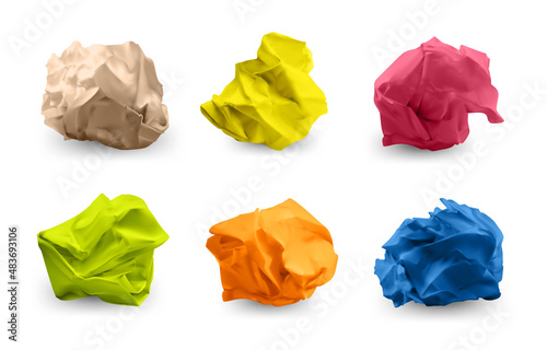 Crumpled color paper. Realistic wasted crinkled page paper trash collection. Vector set