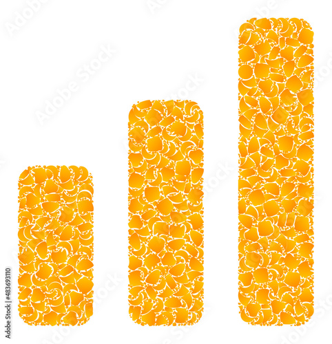 Vector golden bar chart mosaic icon. Bar chart is isolated on a white background. Golden items mosaic based on bar chart icon. Collage bar chart iconic image is constructed of yellow items.