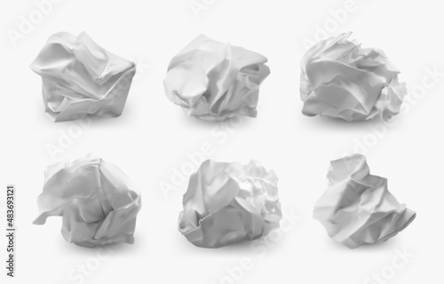 Paper ball. Realistic crumpled and crinkled paper trash, wrinkled page . Vector set