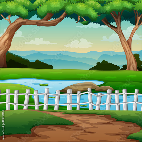 Nature background with with a small river and trees