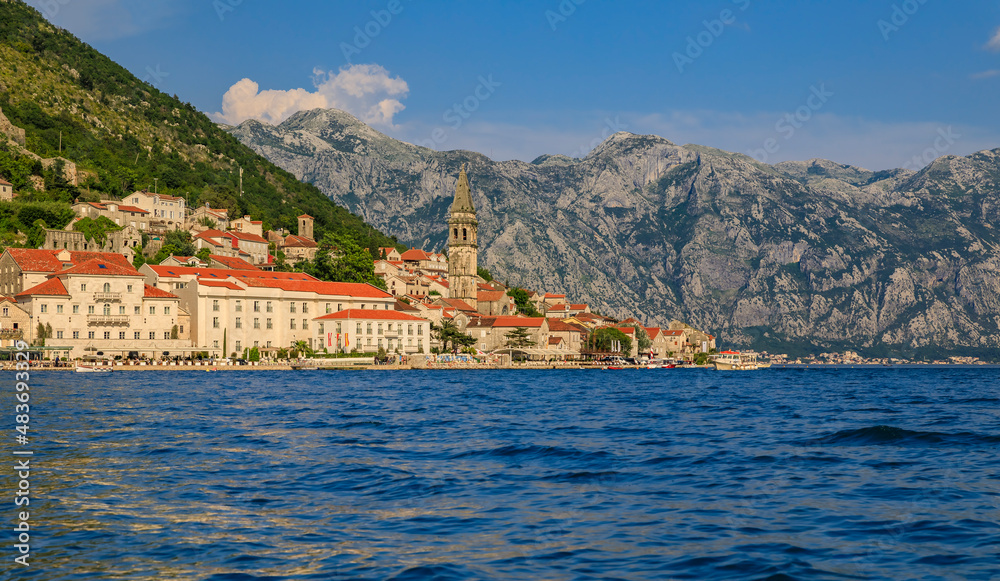 Scenic view of Perast in Kotor Bay on a sunny day in the summer, Montenegro
