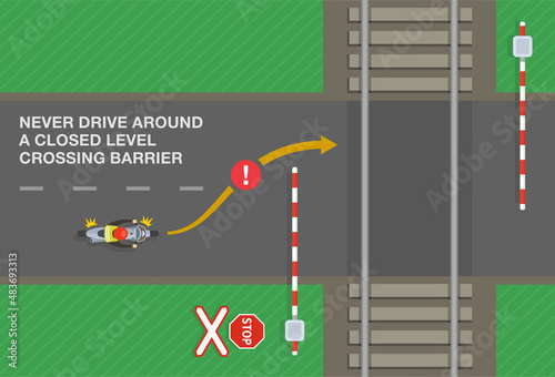 Safety driving rules and tips. Never drive around a closed level crossing barrier. Top view of a bike rider on a city road. Flat vector illustration template.