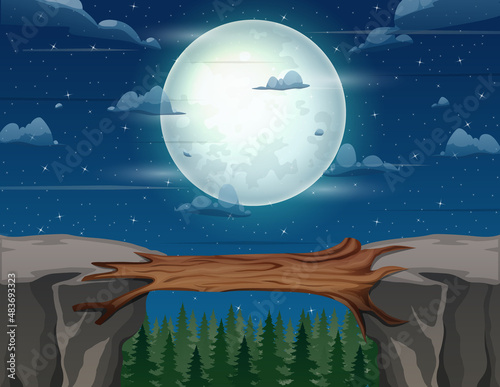 Log bridge between mountains above cliff in rock peaks landscape with a full moon