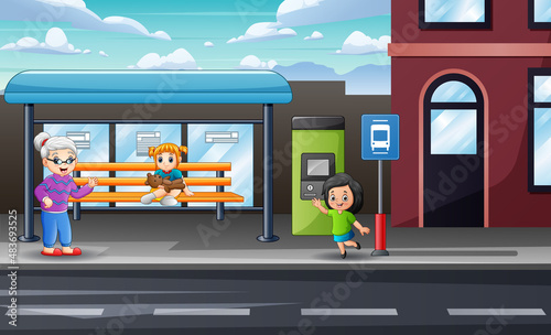 Happy people at the bus stop illustration
