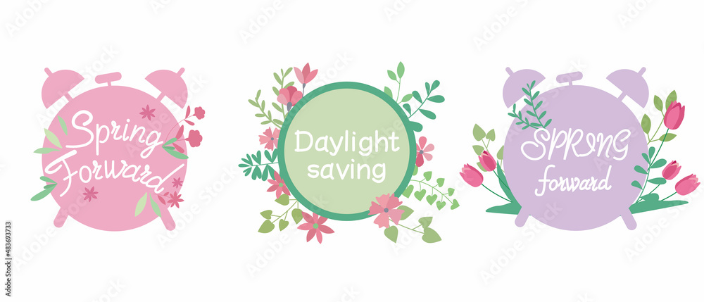 Sat of daylight saving concept illustration. Spring forward decorative lettering. Flower decorative Calligraphy for spring forward. Vector illustration. Sat of daylight saving concept illustration. Spring forward decorative lettering. Flower decorative Calligraphy for spring forward. Vector illustration.