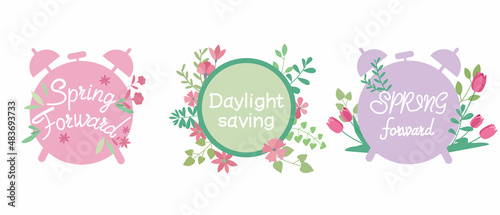 Sat of daylight saving concept illustration. Spring forward decorative lettering. Flower decorative Calligraphy for spring forward. Vector illustration.