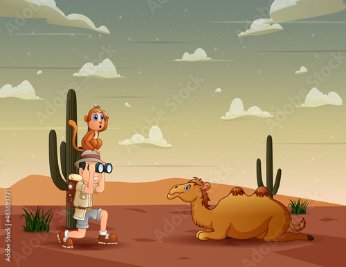 The explorer boy with binocular in the desert