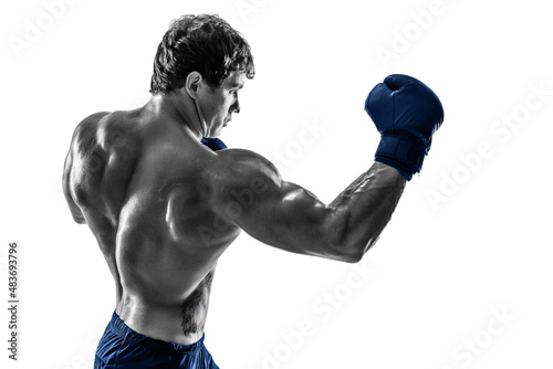 Side view of boxer in blue gloves who practicing uppercut on white background. Black and white