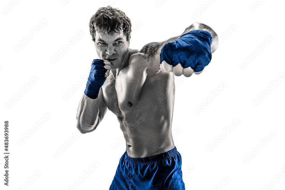 Front view of boxer who practicing jab on white background. Black and white. Blue sportswear - obrazy, fototapety, plakaty 
