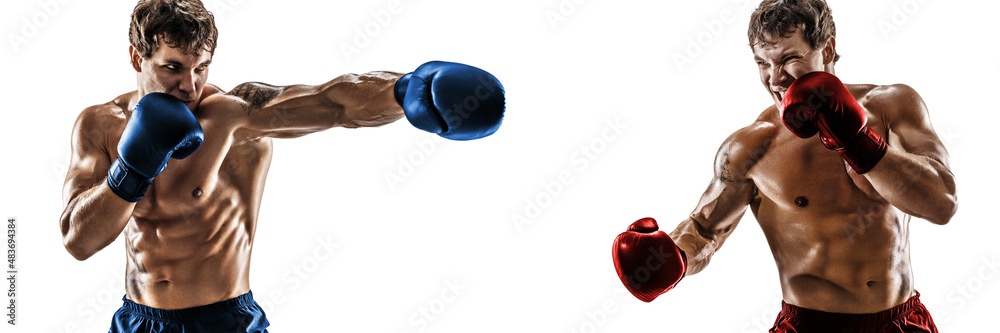 concept of fighting in the ring. boxer in red corner, boxer in blue corner on a white background