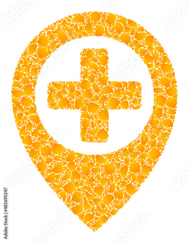 Vector golden hospital map pointer mosaic icon. Hospital map pointer is isolated on a white background. Gold items mosaic based on hospital map pointer icon.