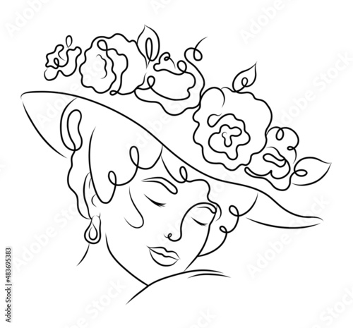 Silhouette of a young beautiful girl with flowers on her head. Vector illustration isolated on white background.