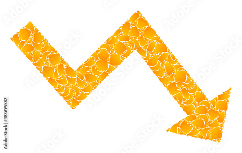 Vector golden recession arrow mosaic icon. Recession arrow is isolated on a white background. Golden items mosaic based on recession arrow icon.