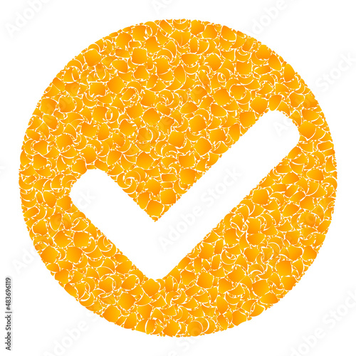 Vector gold yes mark mosaic icon. Yes mark is isolated on a white background. Gold particles mosaic based on yes mark icon. Mosaic yes mark iconic image is constructed from yellow elements.