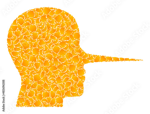 Vector gold liar person mosaic icon. Liar person is isolated on a white background. Gold items mosaic based on liar person icon. Mosaic liar person iconic image is created from yellow parts.