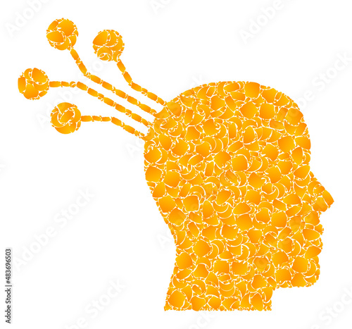 Vector gold brain machine interface mosaic icon. Brain machine interface is isolated on a white background. Gold items mosaic based on brain machine interface icon.