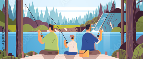 male parents fishing with little son gay family transgender love LGBT community concept landscape background