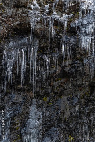 Icicles forming an icefall in the mountain in winter.