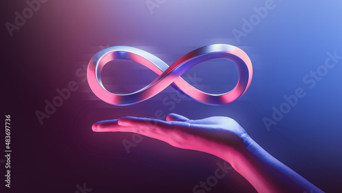 Hand holding endless infinity sign of virtual reality metaverse digital innovation game or internet future online simulation media cyber and world communication on connection technology 3d background. photo