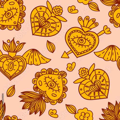 Seamless pattern with sacred mexican hearts. Vector