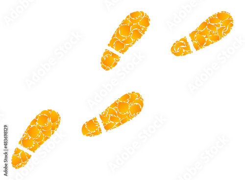 Vector gold human footprints trail mosaic icon. Human footprints trail is isolated on a white background. Gold particles mosaic based on human footprints trail icon.