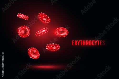 Futuristic vector glowing low-poly red blood cells on a dark red background. Blood analysis, the concept of hematology, immunology. Frame design.