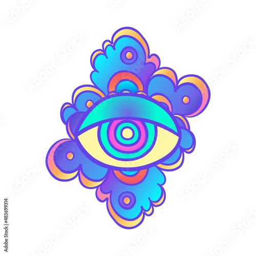 Hippie eye. Psychedelic hallucination. Vibrant vector illustration. Magic fai...