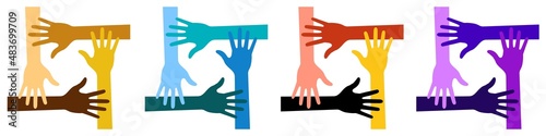 Hands logo. Colorful four hands icon set. Volunteer emblem. Vector Illustration