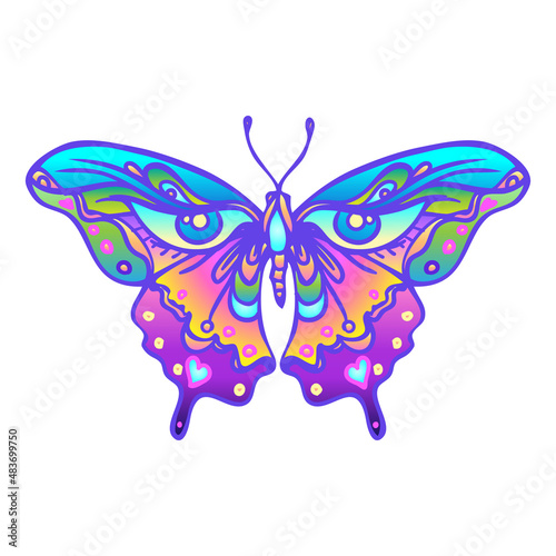 Hand drawn butterfly in bright neon colors. Han drawing design for t-shirt pr...