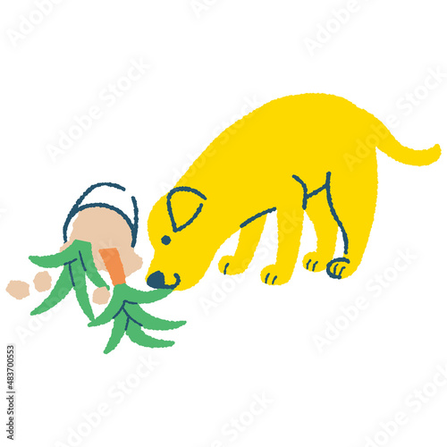 犬と倒れた観葉植物